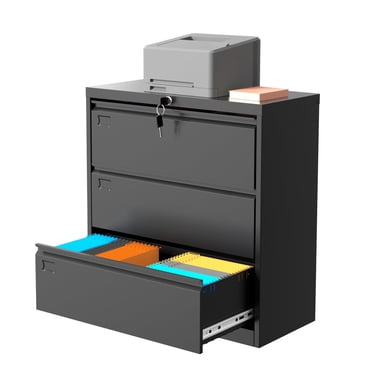 3-Drawer Lateral Filing Cabinet - 0.6mm Steel Lockable File Organizer (Letter/Legal/A4/F4 Size) - Black Secure Storage for Office & Home (1 Unit, 36"W x 18"D x 28"H Approx.)
