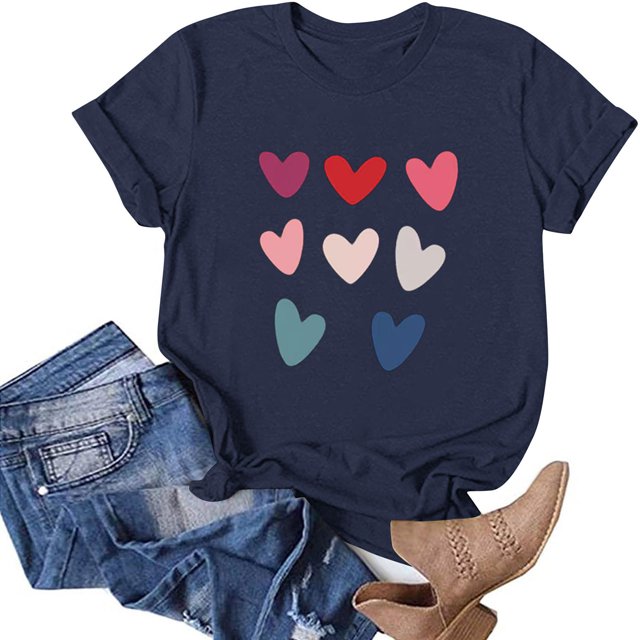 TIMIFIS T-Shirts de la Saint-Valentin pour Femmes Été Décontracté Manches Courtes Col Rond Imprimé Cœur d'Amour