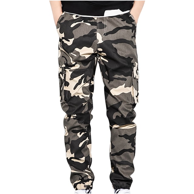 RKSTN Mens Cargo Pants Ripstop Work Pants Relaxed Fit Outdoor Tactical Camouflage Plus Size Trousers with Pockets. These lightweight, breathable cotton trousers feature a camouflage pattern, elastic waistband with drawstring, and four flap pockets. Designed for comfort and durability, they are suitable for outdoor activities, casual wear, and all seasons. Shown in a front-facing view with tapered legs and elastic cuffs.