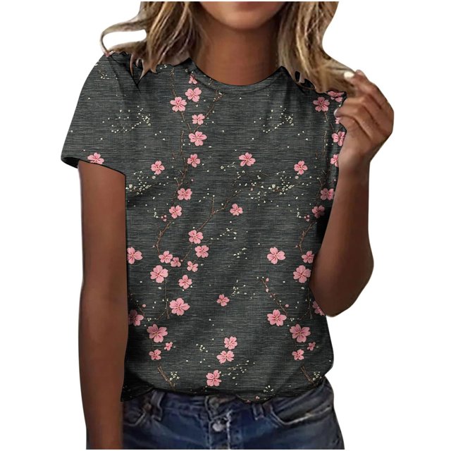 Pisexur Hauts d'Été pour Femmes, Blouses Habillées Décontractées pour Femmes, Hauts à la Mode pour Femmes, Chandail Décontracté Imprimé à Manches Courtes Col Rond, Grandes Tailles pour Femmes Multicolore, 4TG
