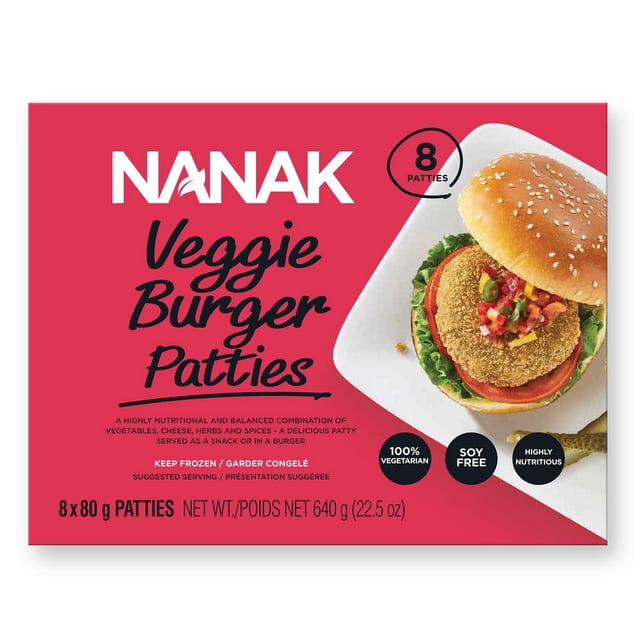 Nanak Veggie Burger Patties package containing 8 soy-free, 100% vegetarian patties, each 80 g, total 640 g (22.5 oz). The red box shows a veggie burger with lettuce, tomato, and salsa in a sesame seed bun, highlighting a balanced mix of vegetables, cheese, herbs, and spices for a nutritious, easy-to-prepare snack or burger.