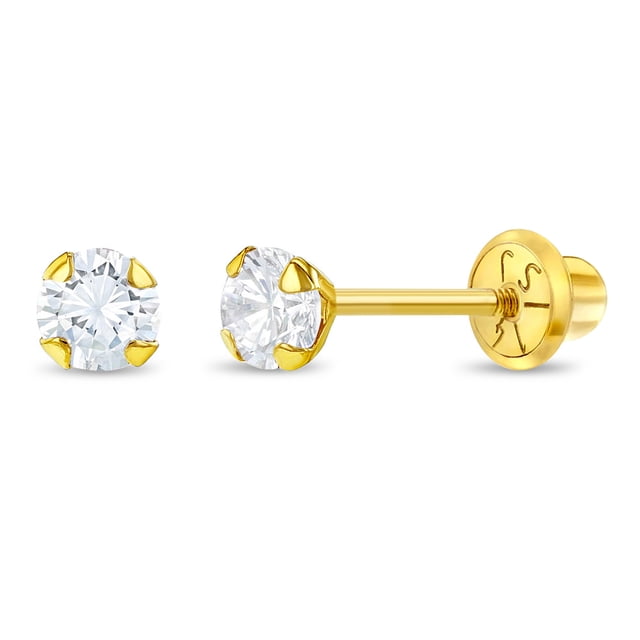14k Yellow Gold 3mm Clear Cubic Zirconia Prong Set Solitaire Screw Back Earrings