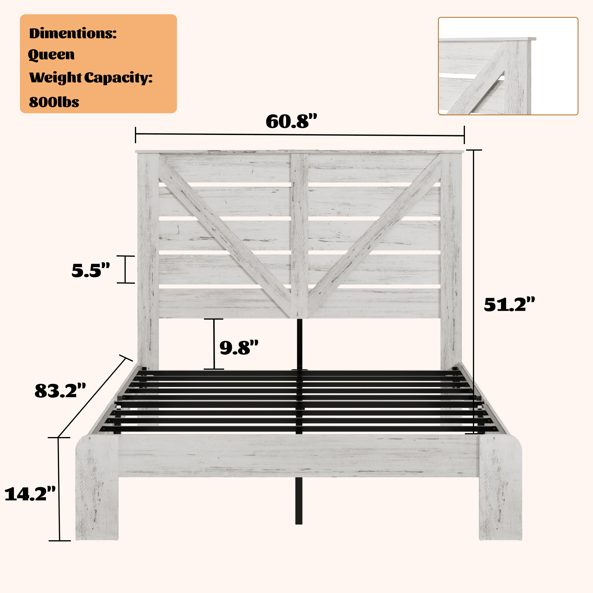 Noble House Queen Wood Platform Bed,Underbed Storage & Charging Station with White Headboard Light,Metal Base,White