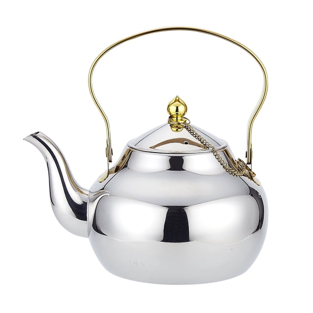 SANQIAHOME 1.6 Quart Stainless Steel Teapot With Infuser, Tea Kettle For Stove Top Minimalist Style. This teapot features a polished stainless steel body with a gold-tone handle and lid accent, designed in a modern minimalist style. It includes a built-in tea infuser for brewing loose-leaf tea and is compatible with gas stoves and most induction cookers. The large-diameter spout allows for easy cleaning by hand or in a dishwasher. Suitable for kitchens, dining rooms, or living rooms.