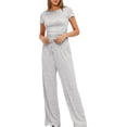 thumbnail image 4 of Birdeem Ensemble 2 Pcs Femme Mode Col Rond Uni Blouse à Manches Courtes + Pantalon Long Taille Élastique, 4 of 12