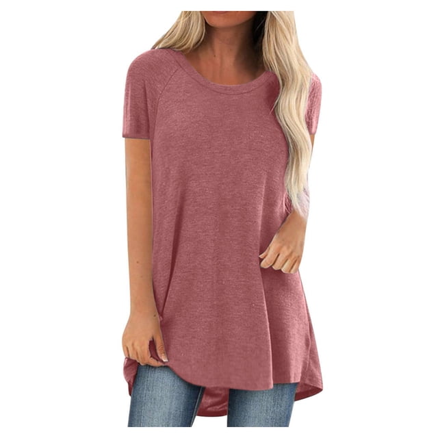 HKEJIAOI Blouses et Hauts Roses pour Femmes Chic Mode Femme Grande Taille Col Rond Manches Courtes Long T-shirt Blouse Blouses d'Été pour Femmes -G