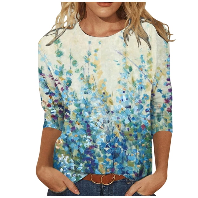 TIMIFIS Hauts pour Femmes Manches 3/4 Décontractés Coupe Ample Tuniques Col Rond T-shirt Automne
