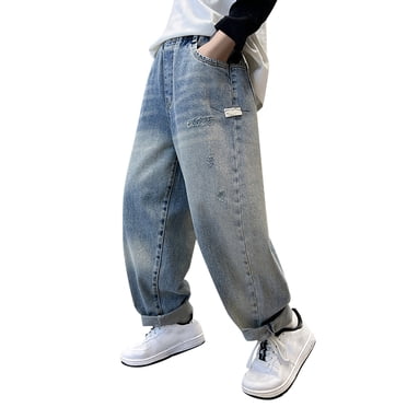 TIWEKE Pantalon Stylé pour Garçons, Denim Décontracté, Jeans à Jambe Ample, Coupe Confortable avec Poches, Mode Tendance pour Garçon pour le Quotidien, Taille 9-10 Ans