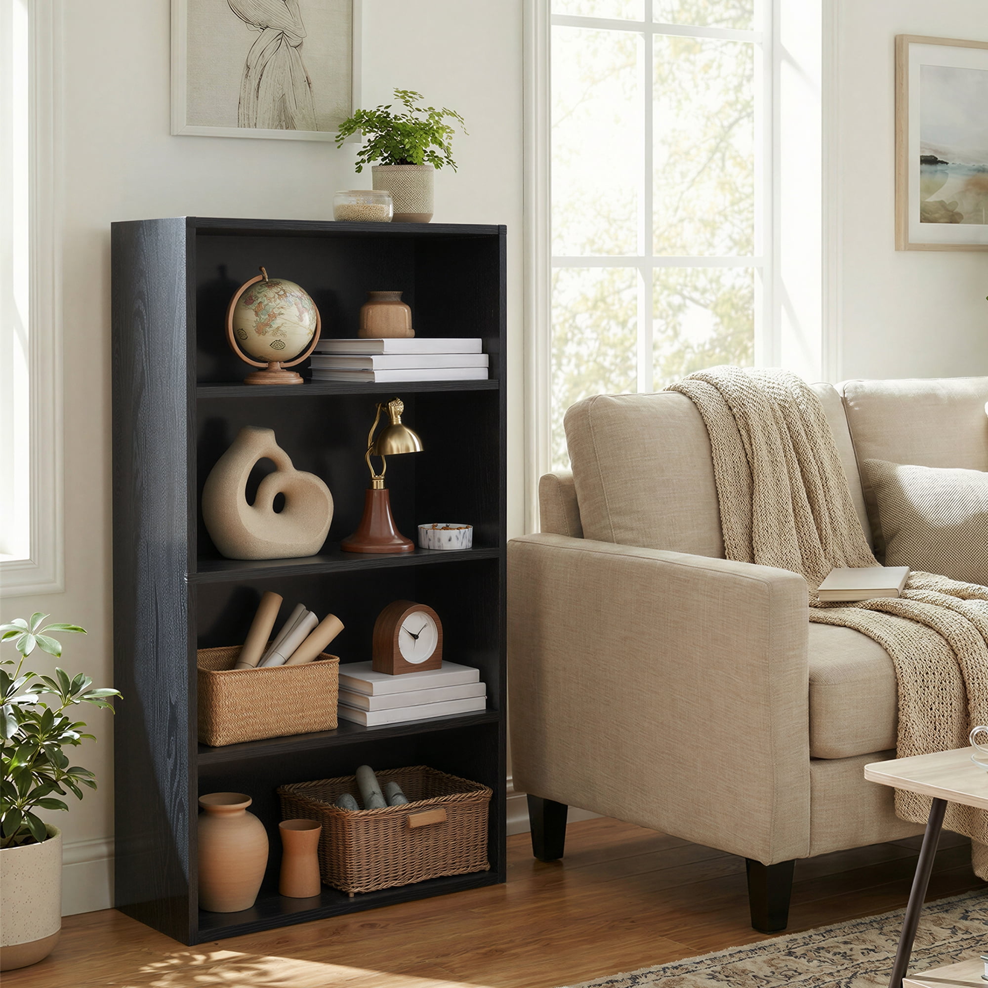 4-Tier Storage Shelf, Open Bookcase, Modern Bookshelf for Home Office, Living Room, Dining, Black