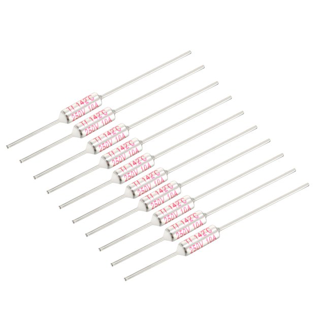 Unique Bargains 250V 10A 142℃ Celsius Circuit Cut Off Temperature Thermal Fuse, a set of 10 pieces. Each fuse is made of aluminum with metal leads, measuring 4mm in diameter and 13mm in length, with a total length of 64mm. Designed to cut off circuits when the temperature exceeds 142℃, these fuses are suitable for use in home appliances, electric motors, and electronic components for heat protection.