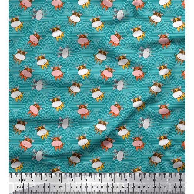 Soimoi Satin Silk Fabric Triangle & Cow Cartoon Print Fabric by The Yard 42 Inch Wide