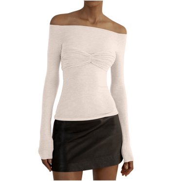 Besolor T-Shirts à Manches Longues à Épaules Dénudées pour Femmes, Coupe Ajustée Décontractée, Basiques, Sorties, Mode Automne 2024