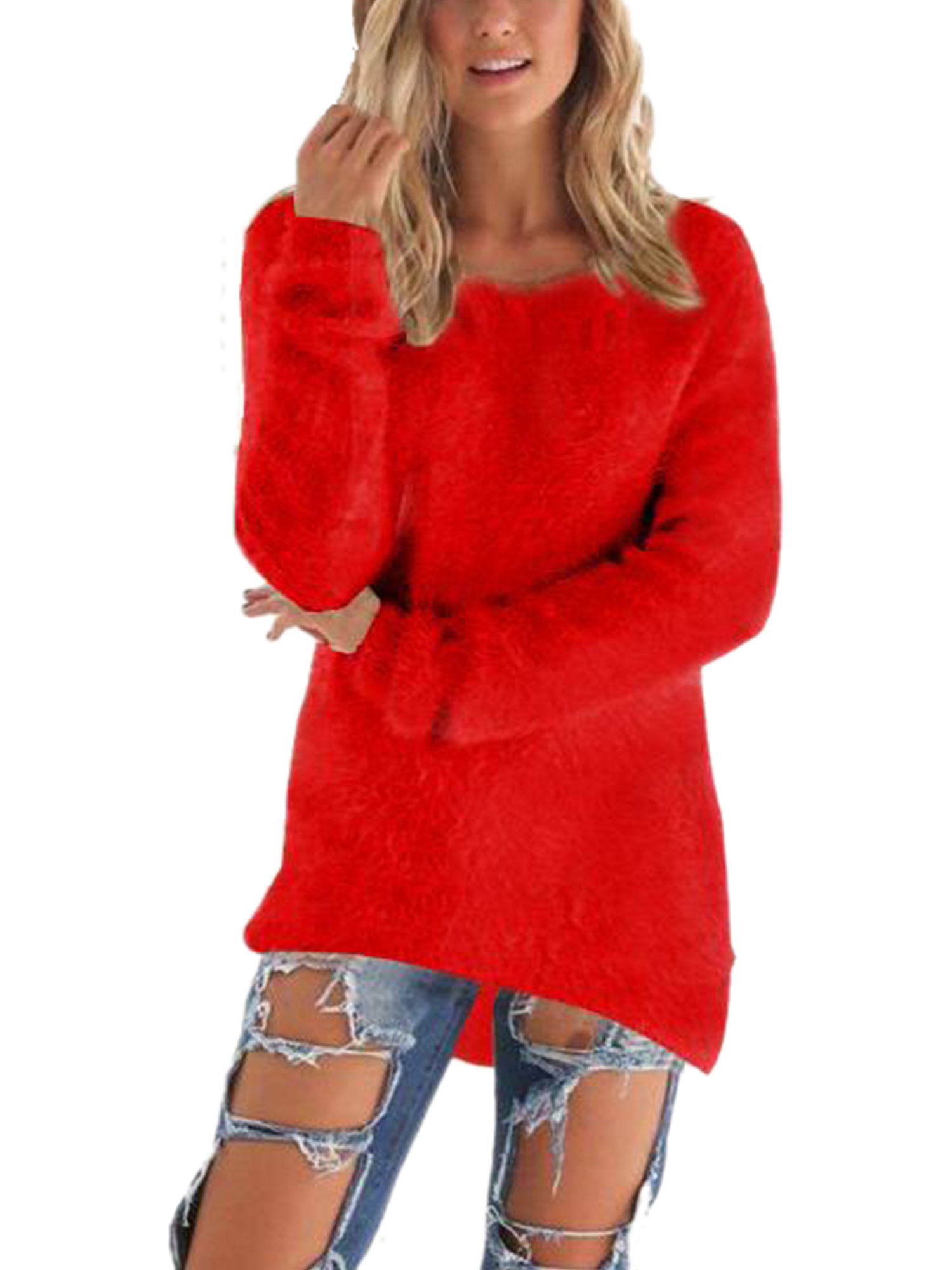 Sexy Dance Ladies Jumper Tops Winter Warm Pullover Solid Color Sweater Loose Sweaters Long Sleeve Red XXL