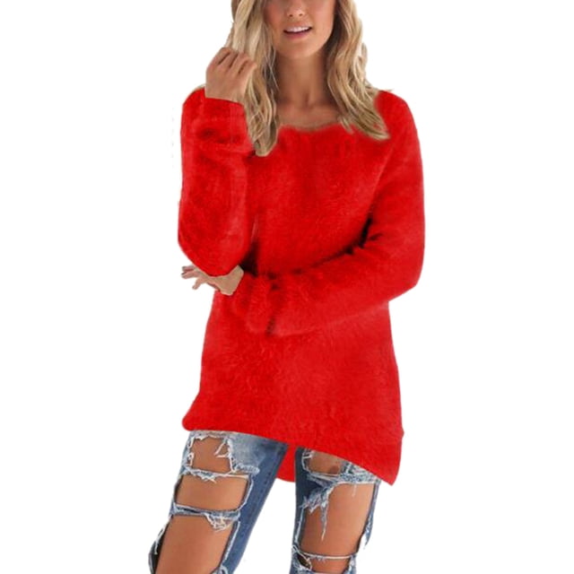 UKAP Ladies Jumper Tops Winter Warm Sweater Solid Color Pullover Baggy Loungewear Sweaters Red S