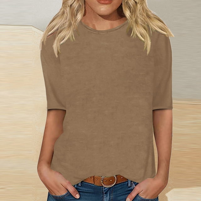 CFLVAEK T-Shirts Classiques à Manches 1/2 pour Femmes, Col Rond Décontracté, Blouse Unie, T-Shirts Confortables pour Dames 2025, Hauts de Sortie