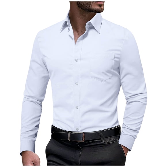 Miluxas Mens Stretch Dress Shirts Long Sleeve Button Down Shirt Regular Fit formal Business Shirts White L(L)