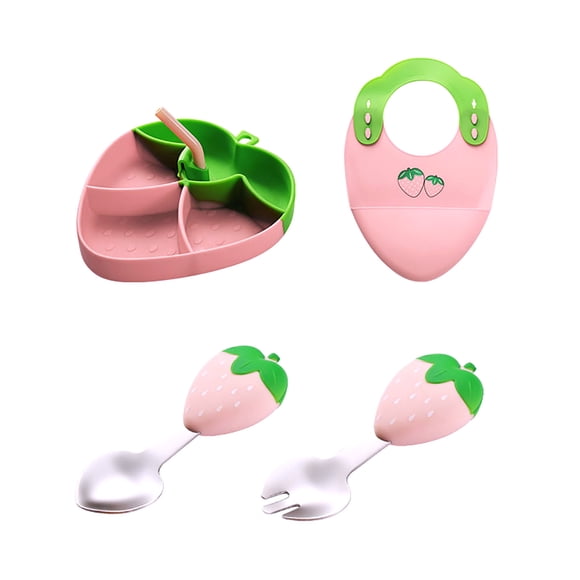 Strawberry Shaped Food Tray with Suction Cup | Silicomaid Training Tableware Set | Includes Spoon, Fork & Flexible Straw for Independent Eating