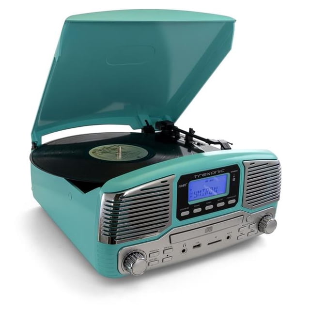 Trexonic TRX-16TRQ Rétro Sans Fil Bluetooth Record & CD Player en Turquoise. Ce Système audio Inspiré des Années 50 Présente une Tourne-Disque à 3 Vitesses à Courroie pour Disques Vinyles, un CD Player Intégré, radio AM/FM avec Syntoniseur Rétroéclairé et Haut-Parleurs Stéréo. Il Inclut Bluetooth pour Diffusion Sans Fil, Enregistrement USB du Vinyle vers MP3, une Entrée Auxiliaire 3,5 mm et une Prise Casque. le design Turquoise Met en Valeur une Face Rétro avec accents Chromés.