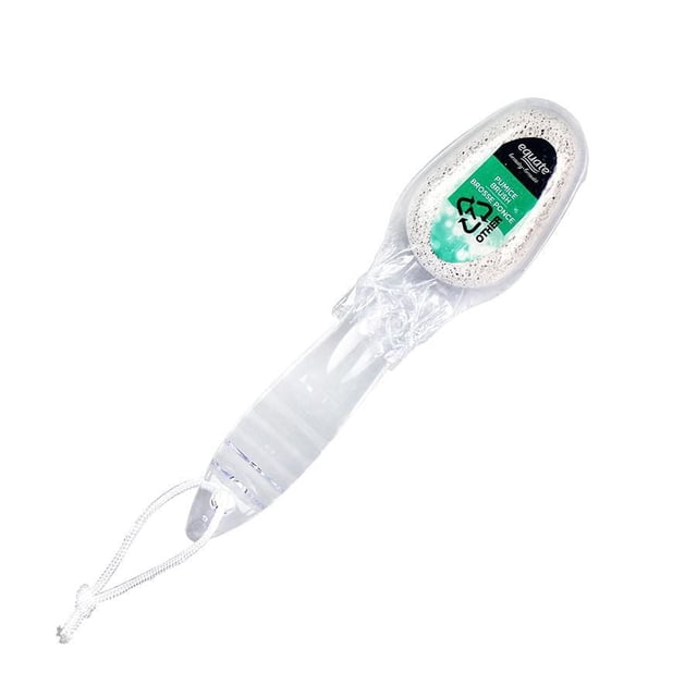 EQUATE BEAUTY PUMICE BRUSH with a clear plastic handle and pumice stone head, designed as a pedicure tool for foot care to gently remove rough skin and calluses, featuring a hanging loop for drying after use in bath or shower.