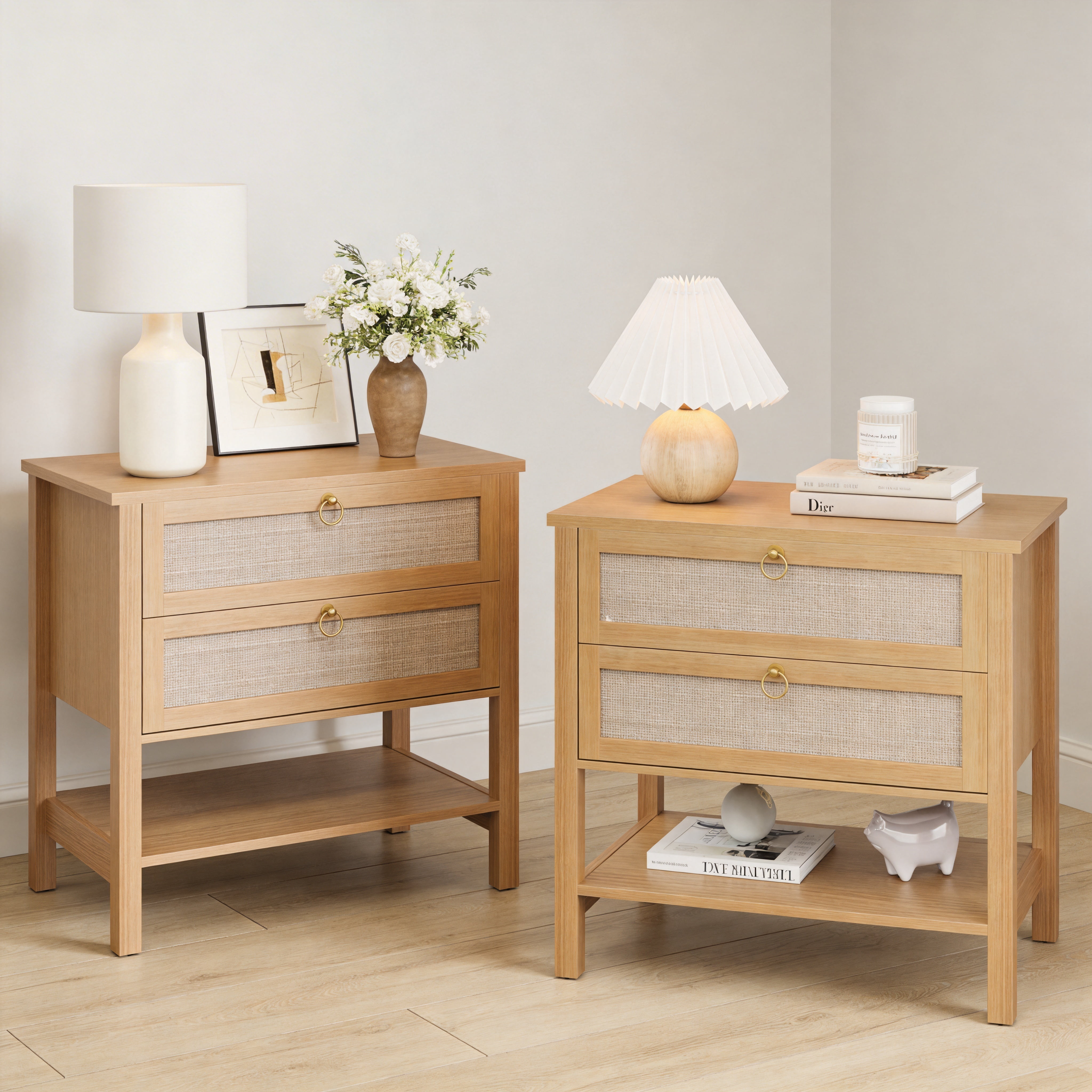 Bedroom Night Stands Set of 2, with 2 Drawers & Opening-Shelf Storage, Mid Century Wood Bedside Tables Rattan Nightstand Set of 2 for Living&Study Room