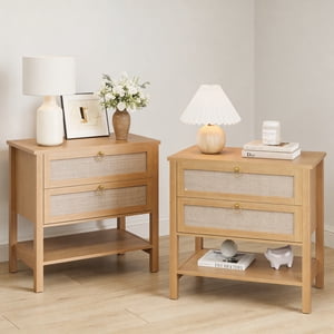Bedroom Night Stands Set of 2, with 2 Drawers & Opening-Shelf Storage, Mid Century Wood Bedside Tables Rattan Nightstand Set of 2 for Living&Study Room