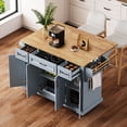 thumbnail image 3 of 54inch Large Kitchen Island with Rubber Wood Drop Leaf, Embossed Texture Rolling Kitchen Cart on 4 Wheels with 4 Doors and 3 Drawers, Kitchen Island with Storage for Kitchen, Dining Room,Grey Blue, 3 of 26