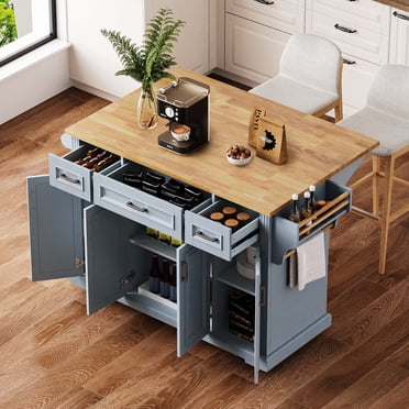 Noble House 54" Large Kitchen Island,4 Wheels 4 Doors & 3 Drawers,Grey Blue