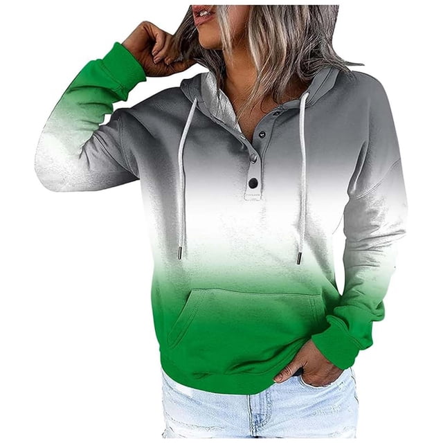 WEAIXIMIUNG Chandails en Molleton pour Femmes Graphique Tendance Automne et Hiver Style de Rue Changeant Progressivement Couleur Bouton Col Poche Cordon de Serrage Chandail à Capuchon Sport Décontracté (3)
