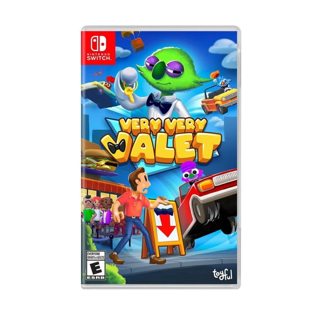 Couverture de Jeu Nintendo Switch Very Very Valet Mettant en Vedette un Personnage Vert de Valet en Smoking Tenant une Clé, un Homme en Chemise Rouge Près d'Une Voiture Rouge avec un Personnage Violet à l'Intérieur, et Divers Personnages et Véhicules de Dessin Animé dans un Paysage Urbain Coloré, Représentant le Jeu de Stationnement couch co-op.