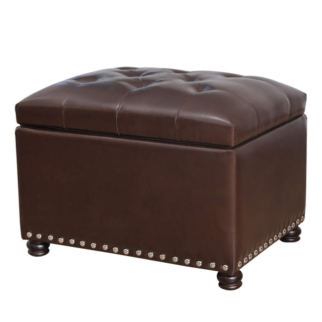 Joveco Rectangular Storage Ottoman in brown PU leather with a tufted button lift top and wooden legs. This stylish ottoman doubles as a storage chest, coffee table, or extra seating. The design features nailhead trim along the base for added elegance.