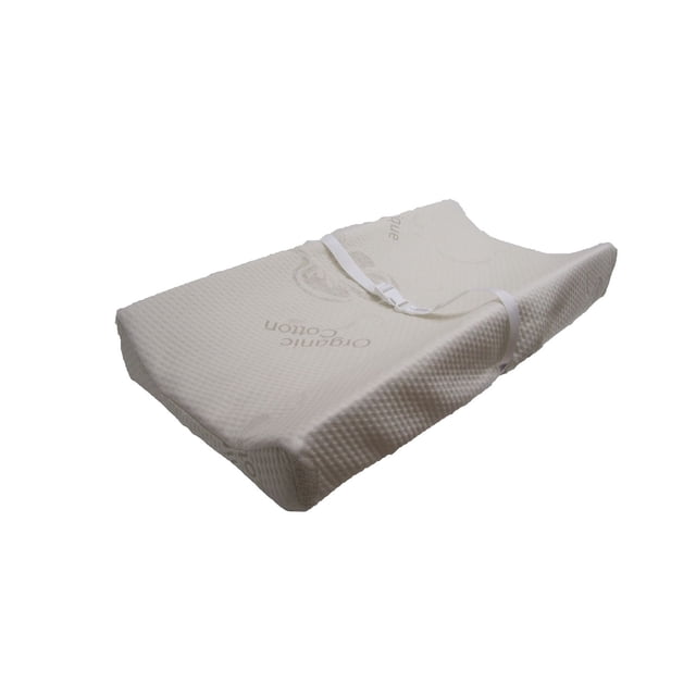 Twinkle Twinkle Organic Cotton Contour Change Pad featuring an off-white textured organic cotton fitted cover, contoured shape, white safety belt, waterproof vinyl exterior, and non-slip bottom for secure baby diaper changes.