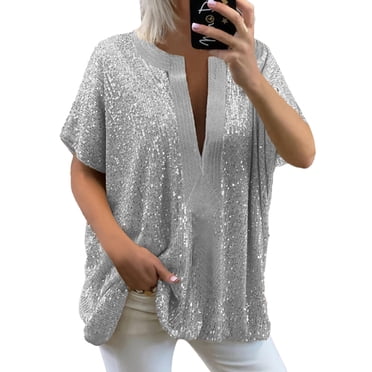 Chemisier Décontracté à Manches Courtes Col en V à Sequins pour Femmes