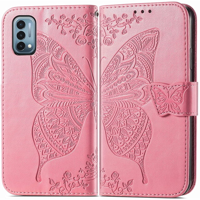 Étui à Rabat, Fleurs Embossées Papillon en Cuir PU, Étui à Rabat Magnétique avec Support, Porte-Cartes, Dragonne, Portefeuille, Sac à Main pour iPhone 12 Pro max 6.7 (Rose)