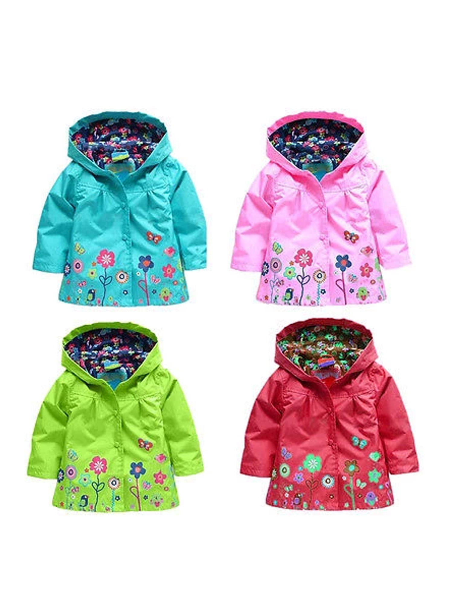 Toddler Little Girls Hoodie Raincoat Pretty Flower Pattern Printed Single Breasted Waterproof Outdoor Windbreaker