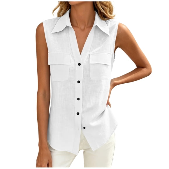 hotojiny Sleeveless Tops for Women Summer Button down Office Wear V Neck Collared Blouses Lightweight Work Cargo Shirt