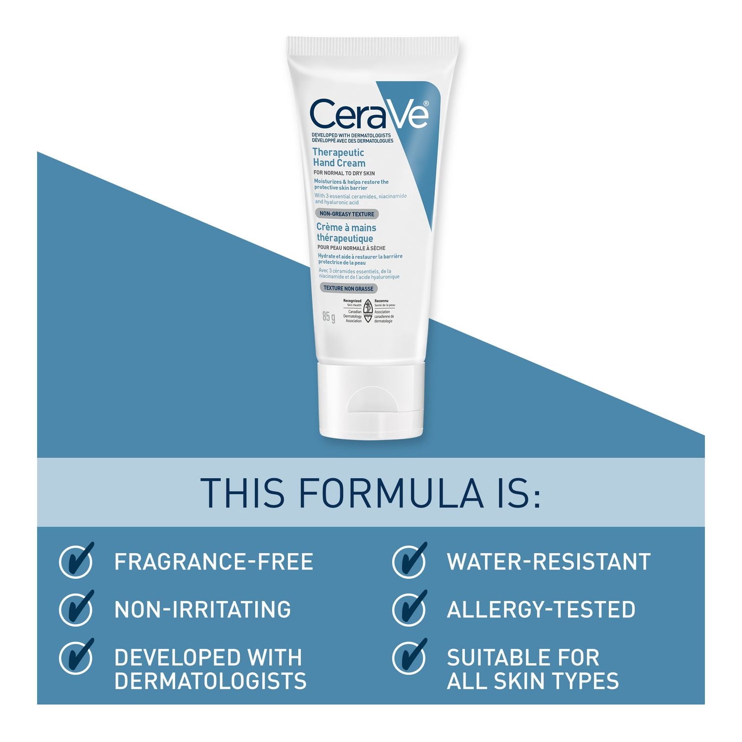 CeraVe Crème Thérapeutique Mains, Soin Hydratant Résistant à l'Eau, Céramides et Niacinamide, 85g