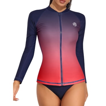 Women's Long Sleeve Rash Guard Sun Protection Zipper Gradient Swimsuit Top