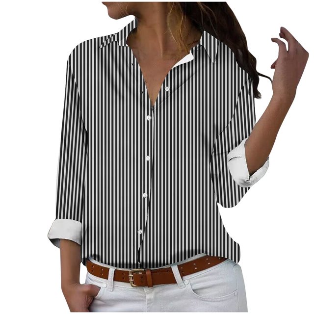 cfhntfmh Women's Button down Shirts Lounge Striped Print Long Sleeve Collared Blouses Fall Loose Work Tops