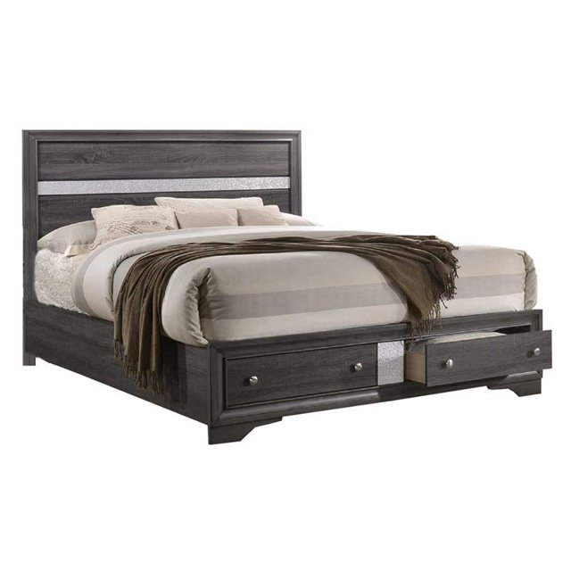 Cadre de Lit en Bois Gris et Argent avec 2 Tiroirs
