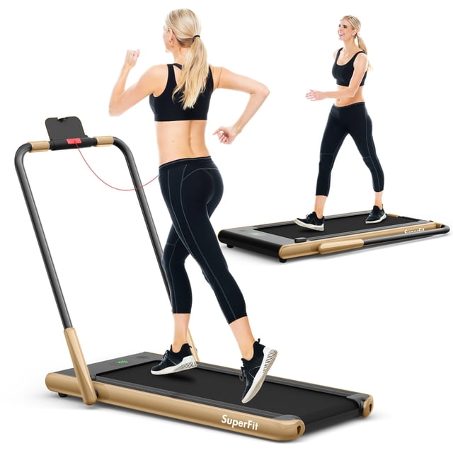 SuperFit 2.25HP 2-in-1 Folding Under Desk Treadmill with Remote Control and APP, shown in golden color. The treadmill features a 5-layer shock-absorbing running belt, LED display, and Bluetooth speaker. It can be used as a running treadmill with a riser or as an under-desk walking treadmill when folded. The treadmill includes a phone holder, safety key, and remote control for speed adjustment. Compact and foldable design with transport wheels for easy storage.