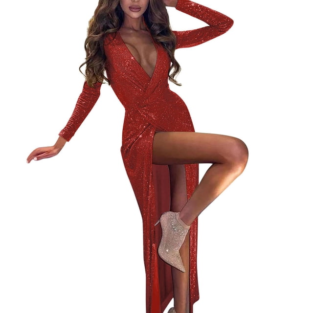 Mikilon Robe pour Femmes à Col en V Profond, Ajustée, à Manches Longues, Moulante, Élégante, pour Fête, avec Paillettes