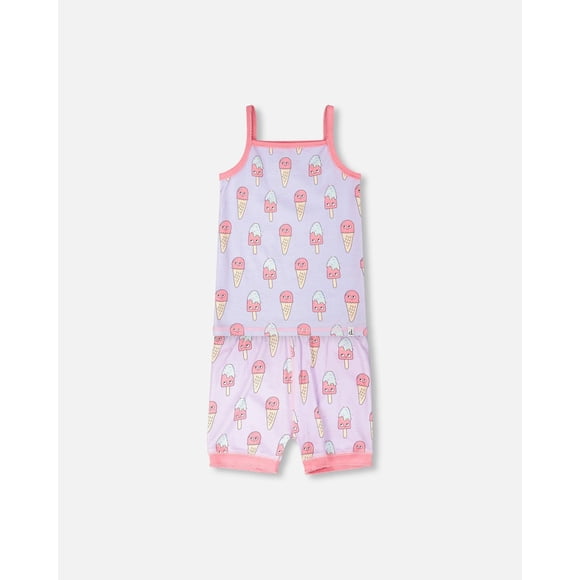 Deux Par Deux Ensemble Pyjama Deux Pièces en Coton Biologique, Crèmes Glacées Imprimées Lilas
