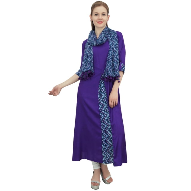 Bimba Indian Women Rayon Designer Purple A-Line Kurta Ethnic Kurti With Scarf - 16