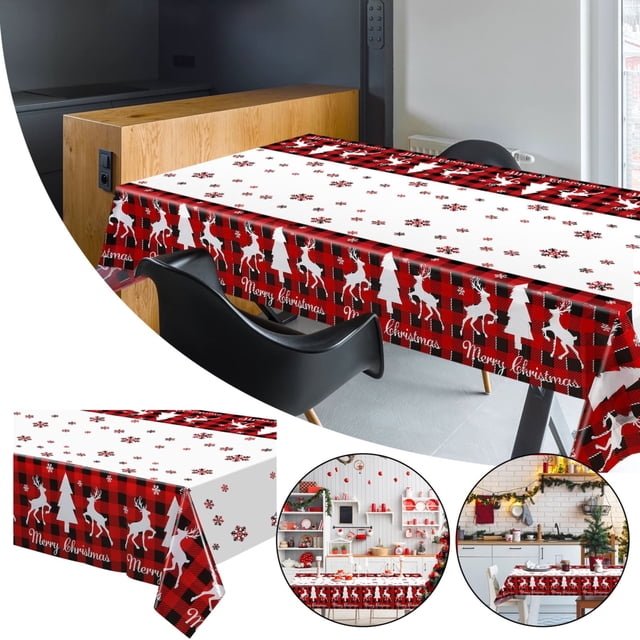 Table Cloth Clearance Merry Christmas Table Cloth Plastic Buffalo Plaid Table Cover Red And Black Checked Snowflake Tablecloth Rectangle Xmas Table Cover For Holiday Home Birthday Decor, Home Textile