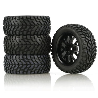 Ensemble de Pneus de Buggy RC en Caoutchouc Durable – Lot de 4 Roues à Enjambement Bas de 75 mm, Moyeu Hexagonal de 12 mm, Inserts en Mousse, Traction Améliorée, Compatible avec Voitures RC 1/14 et 1/16, Camions, Wltoys 144001