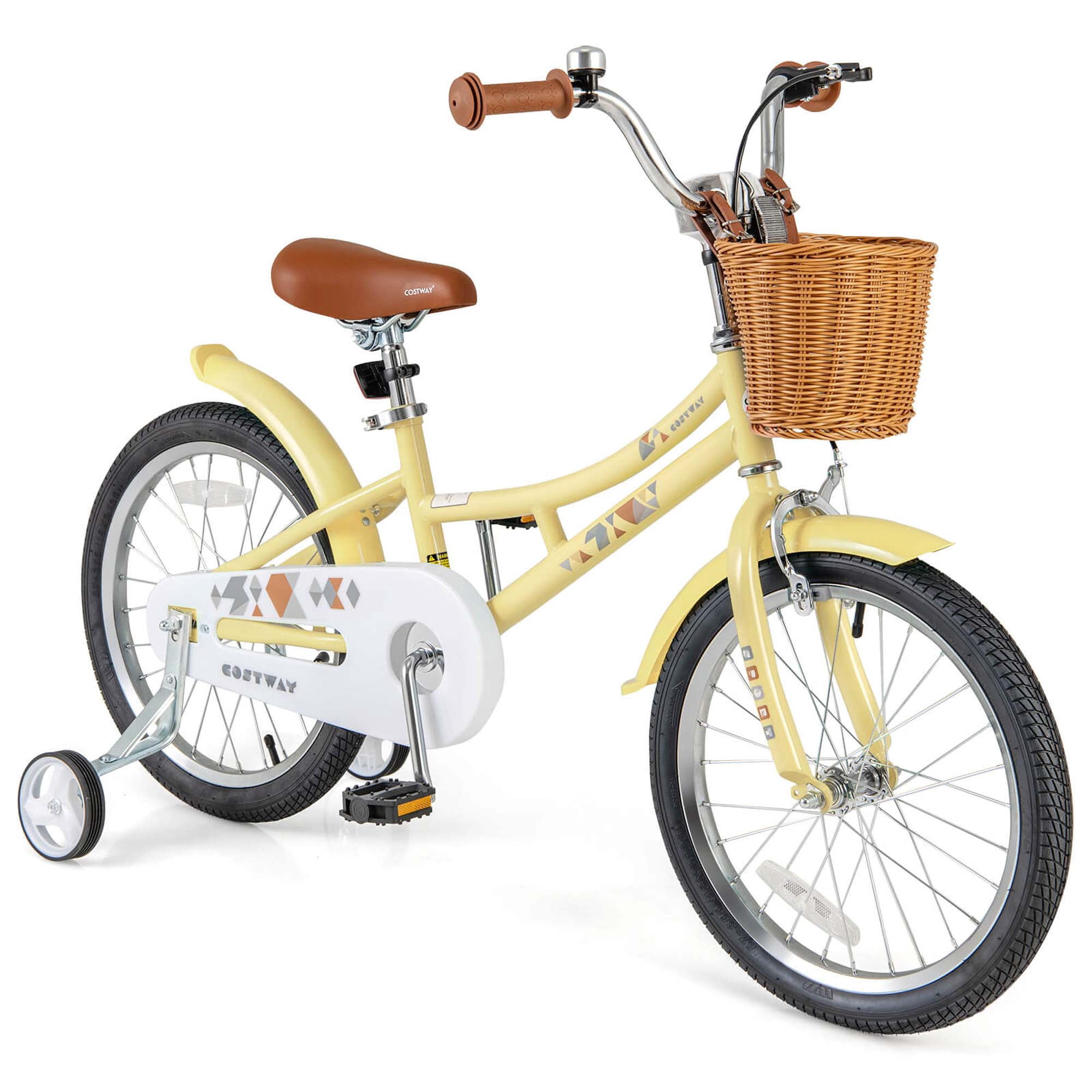 Costway 18" Kids Bike with Height Adjustable Handlebar Seat Basket Bell Training Wheels Yellow