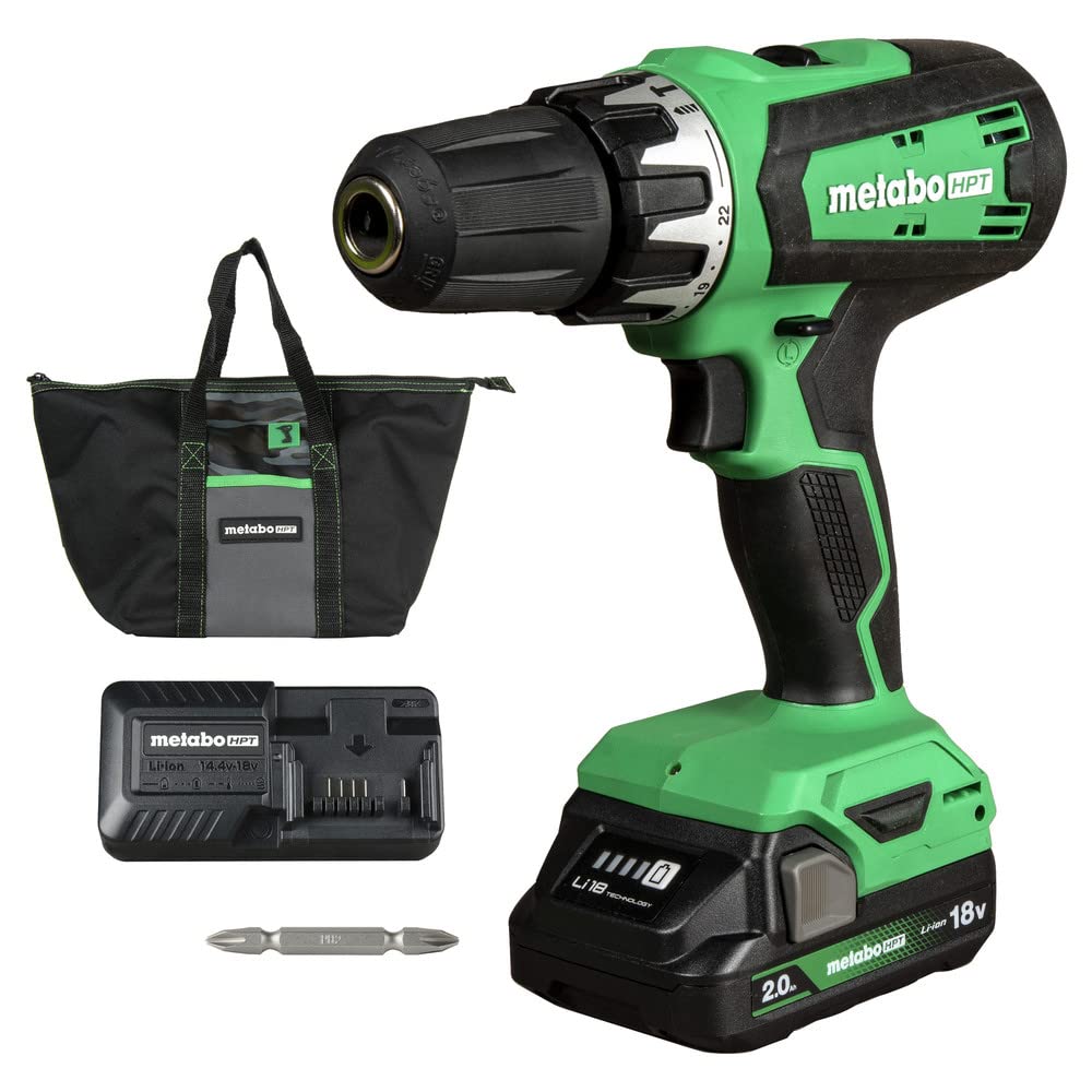 Metabo HPT 18V Cordless Drill Driver Kit 1/2-Inch Keyless Chuck Compact Power Drill Driver with 2.0Ah Lithium-Ion Metabo Battery Charger and Bag Powerful 470 in-lbs Torque Two Speed Gear DS18DFX