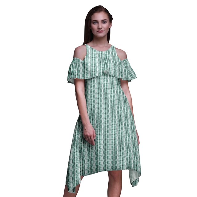 Bimba Robe Droite à Volants Imprimée Teinture sur Nœuds Verte pour Femmes Épaules Dénudées - Très Grande Taille