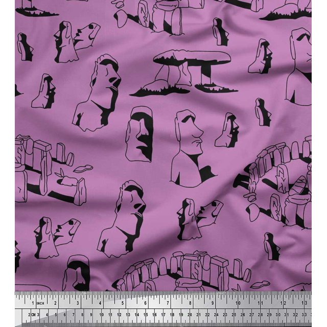 Soimoi Modal Satin Fabric Easter Island Statue Face Print Sewing Fabric Yard 42 Inch Wide