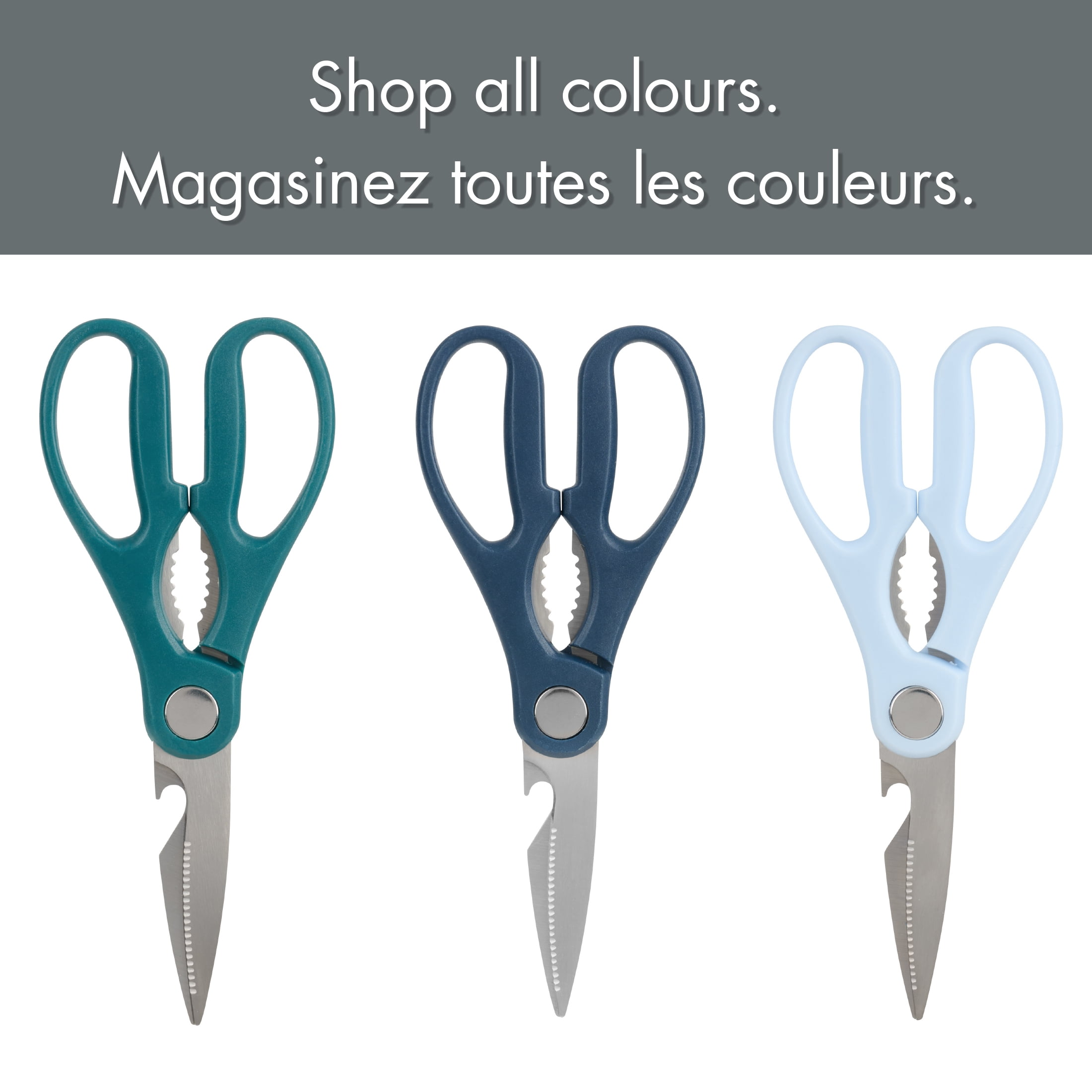 Ciseaux de cuisine Mainstays avec lames en acier inoxydable, décapsuleur et casse-noix intégrés, 19 cm, Bleu